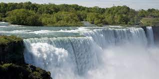 Niagara Falls side shot, water current, trees, rocky, river