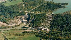 Aerial shot of Decew Falls Generating Station, trees, machineries, establishment, pathways, green scenery