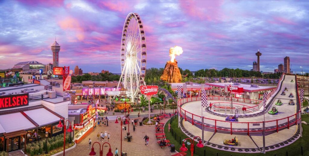 Park, amusement park, rides, visitors, kids, stores, buildings, wide walkways